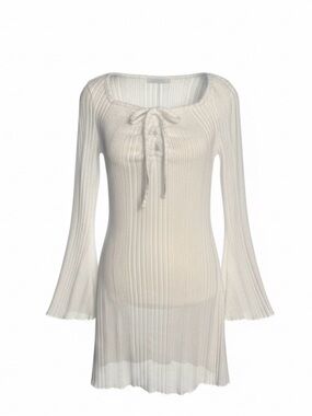 SHEIN Cream Ribbed Tie-Front Midi Dress